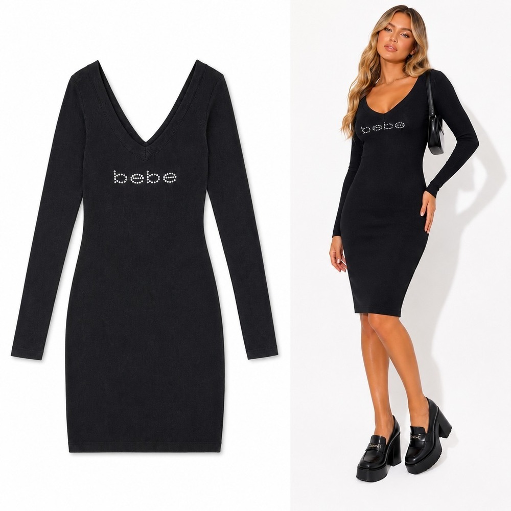 Vintage Y2k Bebe Dress Large Black Ribbed‎ Rhinestone Logo Midi Bodycon